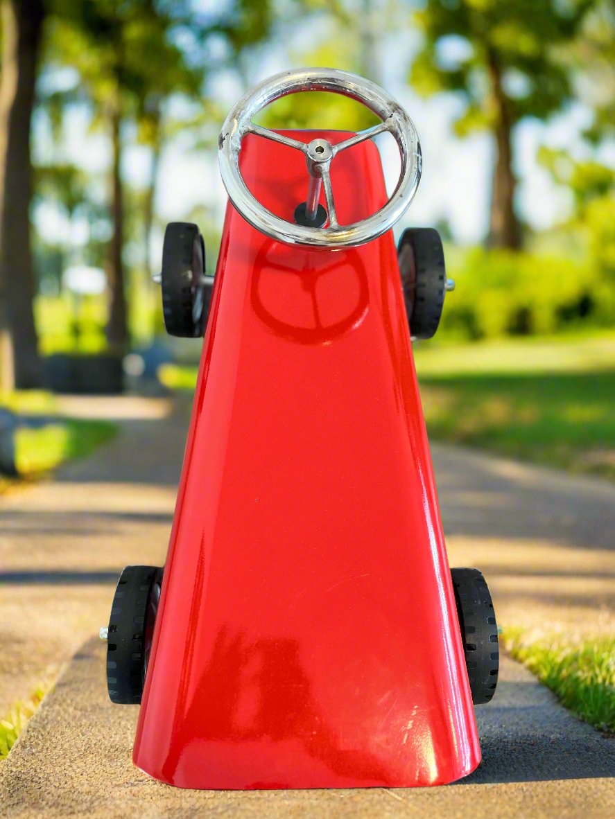 Top view of Red metal ride on baby toy car